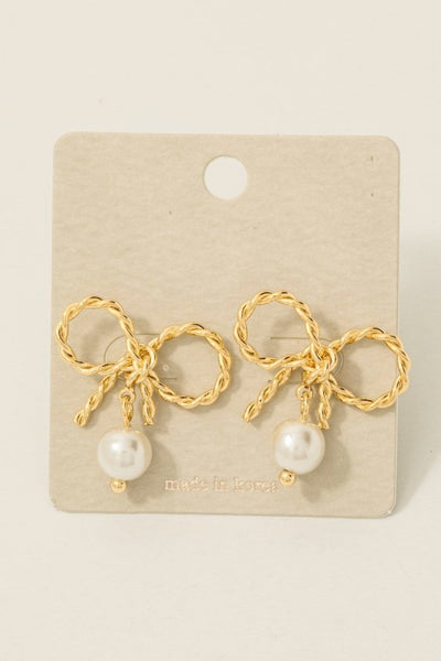 Twisted Ribbon Bow And Pearl Charm Stud Earrings