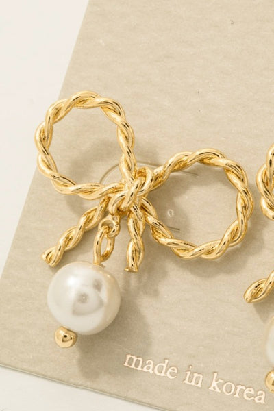 Twisted Ribbon Bow And Pearl Charm Stud Earrings