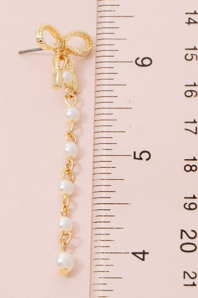 Bow Stud And Pearl Chain Dangle Earrings