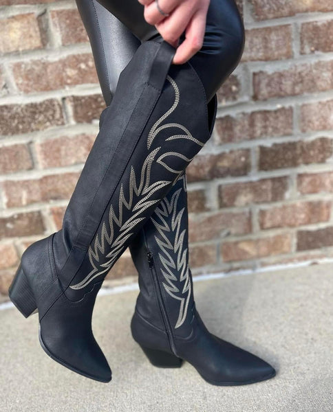 The Vaca Embroidered Tall Cowgirl Boot - Black