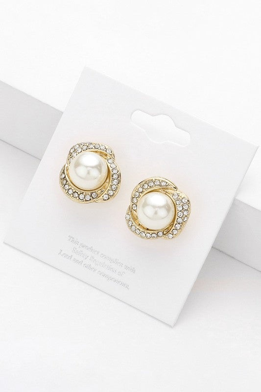 Pearl Pointed Stone Paved Rim Stud Earrings