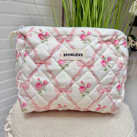 Pink Floral Bow Makeup Bag- Medium