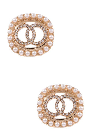 Cream Pearl Double Ring Rhinestone Earrings