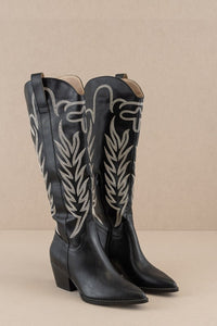 The Samara Embroidered Tall Cowgirl Boots- Black