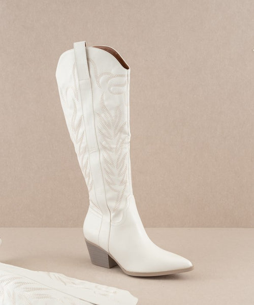 The Samara Embroidered Tall Cowgirl Boots- White