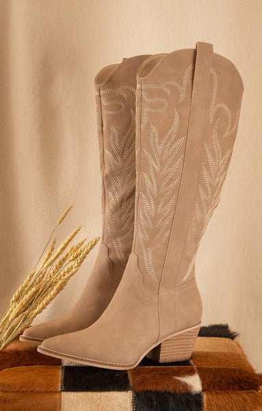 The Samara Embroidered Tall Cowgirl Boots- Cedar Wood