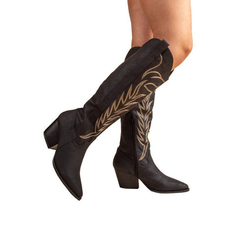The Samara Embroidered Tall Cowgirl Boot - Black