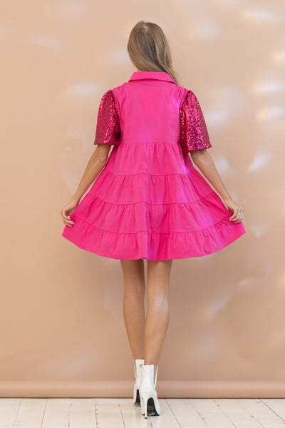 Mystical Moves Sequin Puff Sleeve Button Up Dress