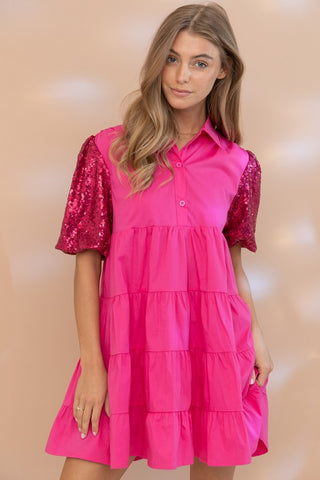 Mystical Moves Sequin Puff Sleeve Button Up Dress