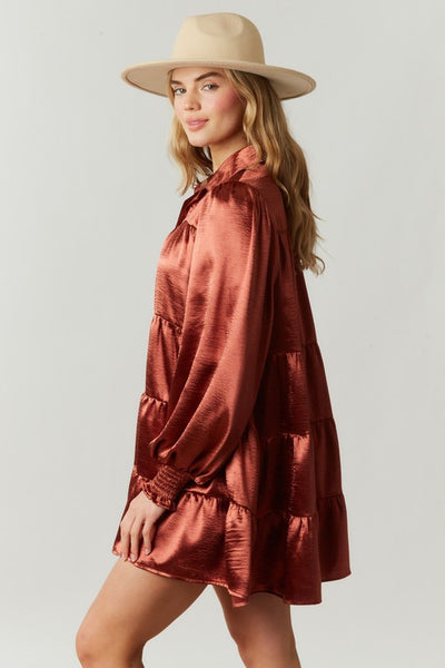 Modern Goddess Satin Shirt Dress- Bronze