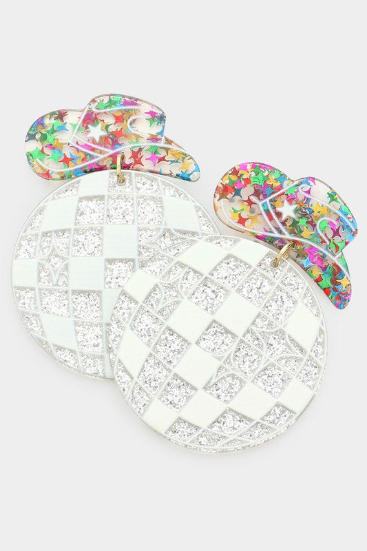 Cowboy Hat Glittered Disco Ball Earrings