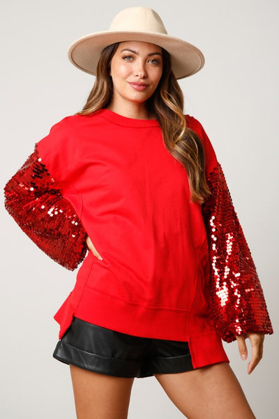 Sparkling Moments Sequin Color Block Sweatshirt- Red