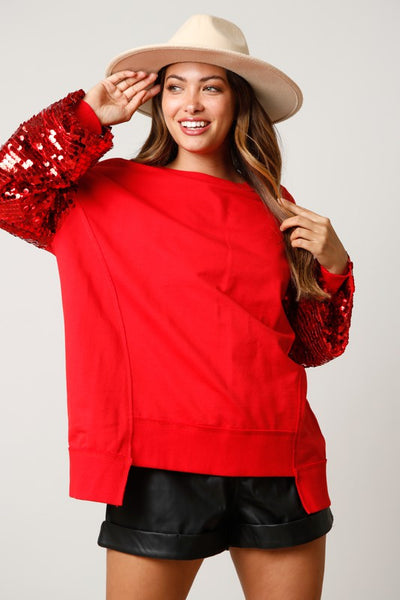 Sparkling Moments Sequin Color Block Sweatshirt- Red