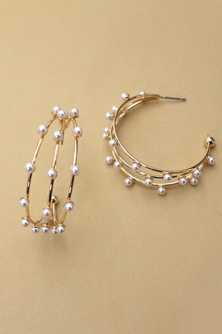 Triple Row Pearl Hoop Earrings