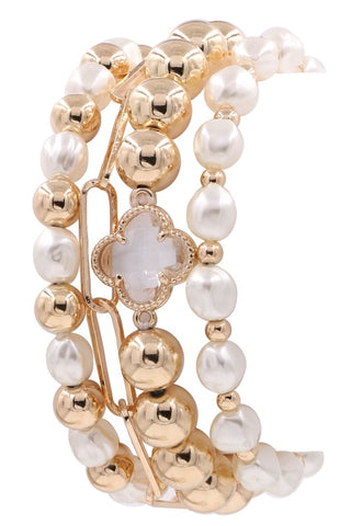 Metal Bead Cream Pearl Stretch Bracelet Set