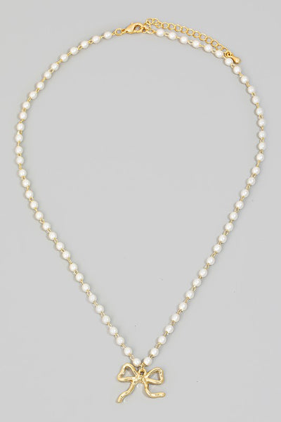 Pearl Chain Ribbon Bow Pendant Necklace