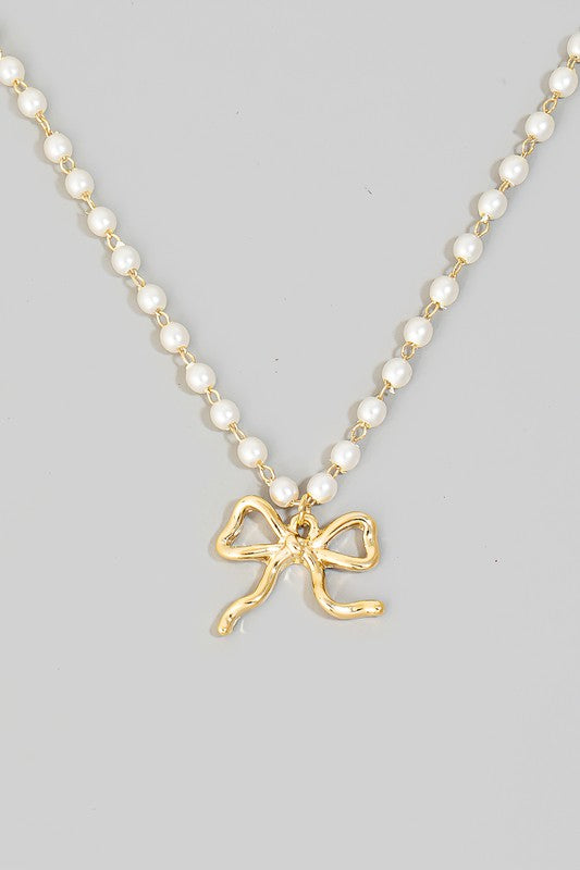 Pearl Chain Ribbon Bow Pendant Necklace