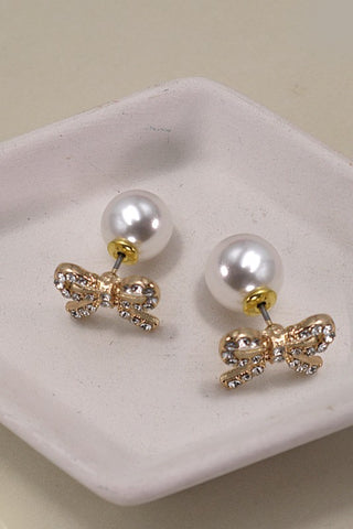 Double Rhinestone Bow Pearl Stud Earrings