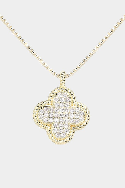 14K Gold CZ Paved Quatrefoil Two Tone Necklace