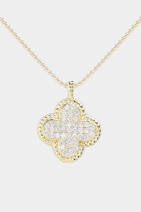 14K Gold CZ Paved Quatrefoil Two Tone Necklace