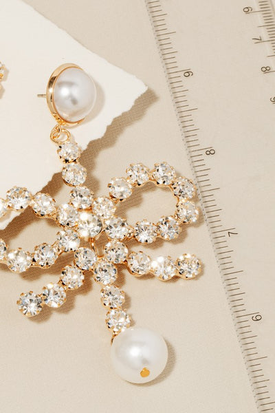 Rhinestone And Pearl Ribbon Bow Dangle Earrings