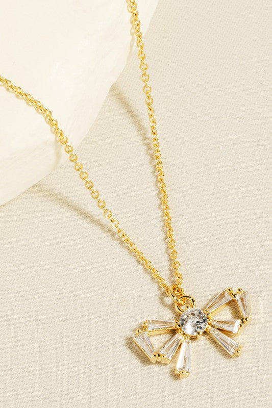 Rhinestone Ribbon Bow Pendant Necklace