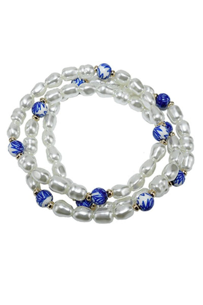 Blue White Floral Dutch Pearl Stretch Bracelet