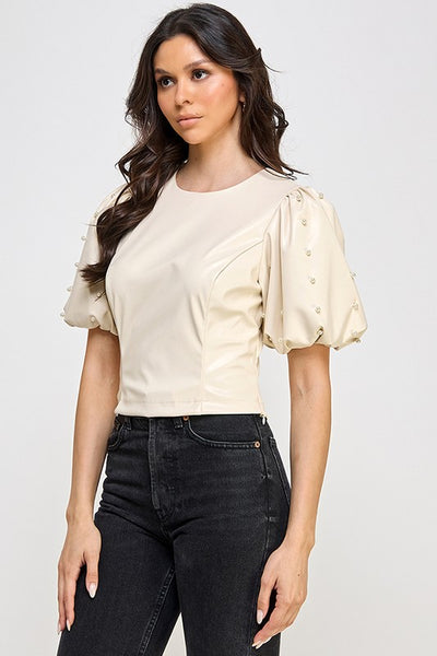 Happy Hour Pearl Sleeve Leather Top