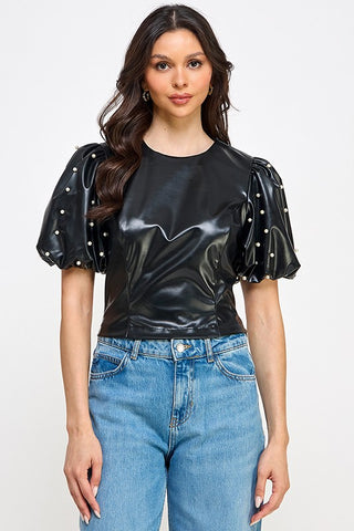 Happy Hour Pearl Sleeve Leather Top