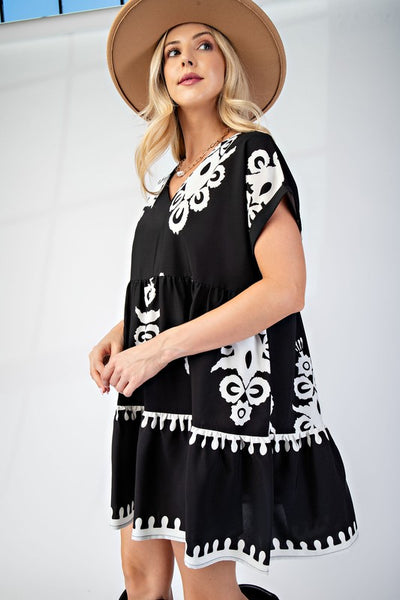 Beach House Brunch Printed Dress-Black