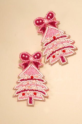 Christmas Tree Bell Bow Beaded Earrings