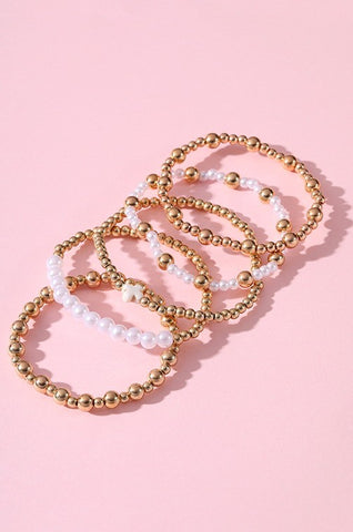 Gold & Pearl Beaded Cross Bracelet Set