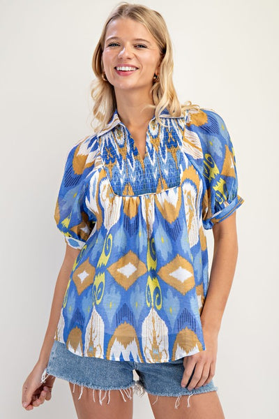 Flight Plans Smocked Top- Blue