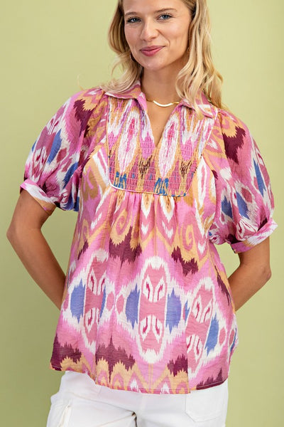 Flight Plans Smocked Top- Berry