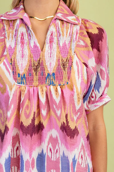 Flight Plans Smocked Top- Berry