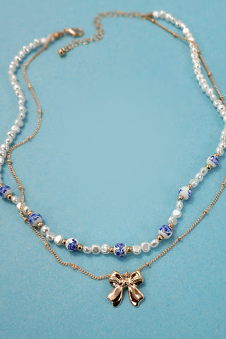 Ceramic Porcelain Pearl Bow Layer Necklace