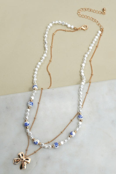Blue Ceramic Layered Bow Necklace