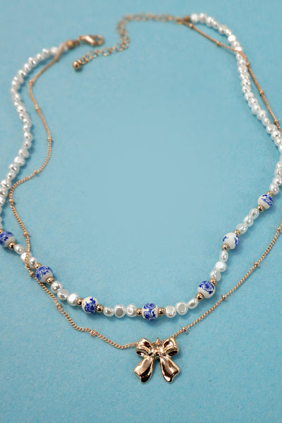 Blue Ceramic Layered Bow Necklace