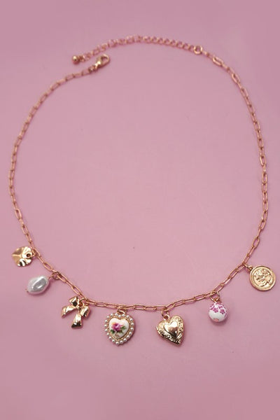 Pink Multi-Charm Station Link Chain Necklace