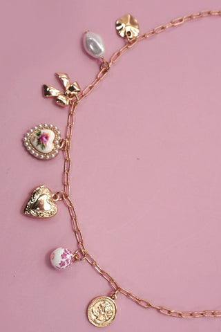 Pink Multi-Charm Station Link Chain Necklace