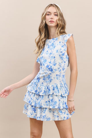 Blue Willow Floral Ruffle Dress