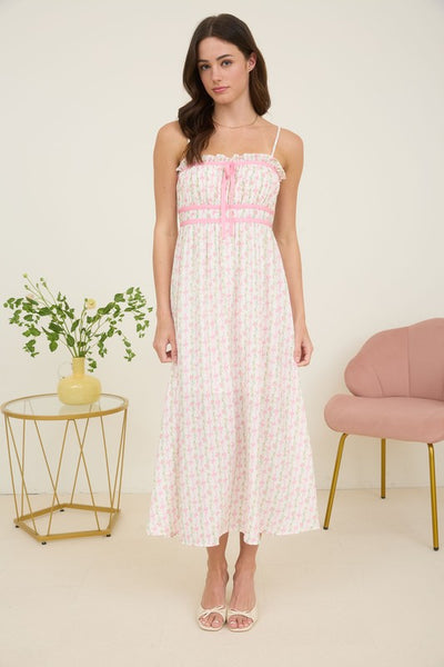 Unforgettable Love Floral Bow Midi Dress- Pink