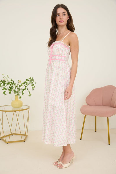 Unforgettable Love Floral Bow Midi Dress- Pink
