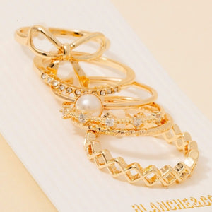 5pc Cz Pearl And Ribbon Bow Mixed Band Rings Set