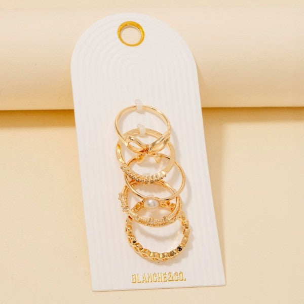 5pc Cz Pearl And Ribbon Bow Mixed Band Rings Set