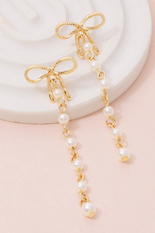 Bow Stud And Pearl Chain Dangle Earrings