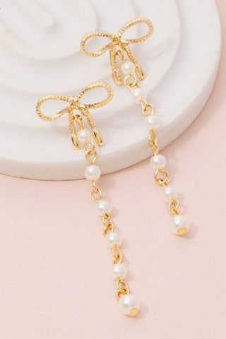 Bow Stud And Pearl Chain Dangle Earrings