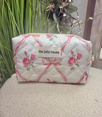 Floral Bow Print Makeup Bag- Small