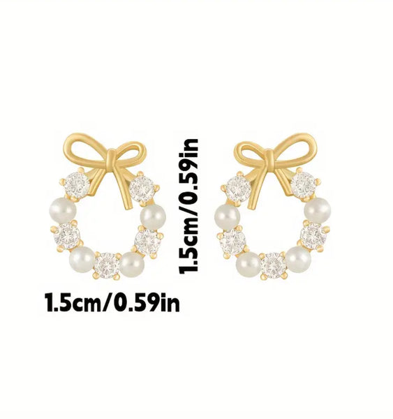 Circle Pearl & Rhinestone Bow Earrings