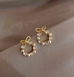 Circle Pearl & Rhinestone Bow Earrings